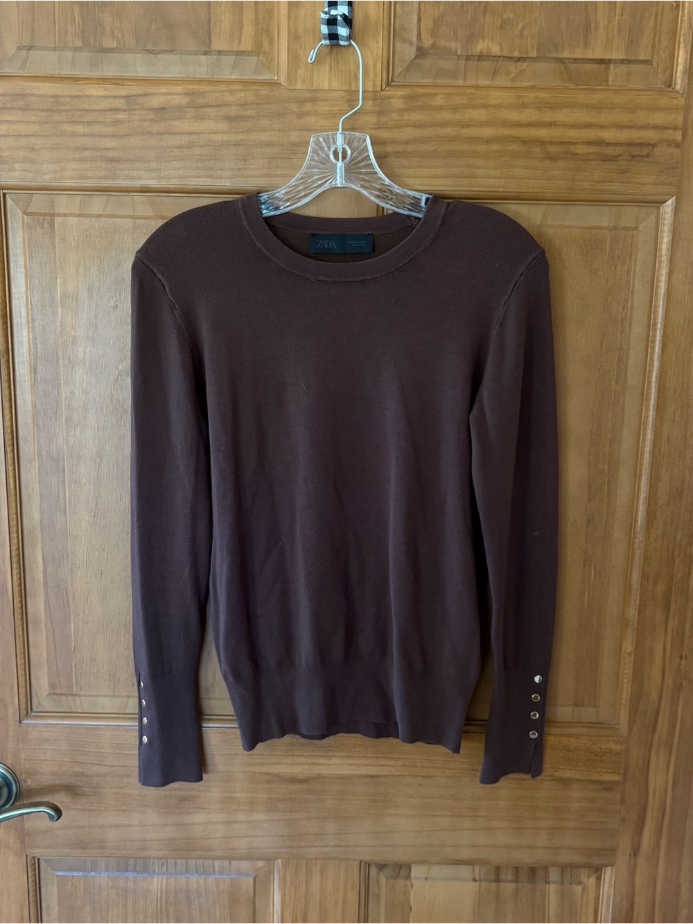 Zara Brown Crew Neck with Gold Snaps Along Cuffs, Women's Sweater, Size M